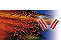 KeyVisual Lilly ReoPro®, rote Kugel in Flussrichtung rechts über rotem/gelbem7blauem Hintergrund, rechts das Symbol für ReoPro® 