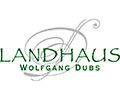 Logo Landhaus »D« Wolfgang Dubs, kalligrafisches D in Grau im Hintergrund