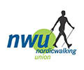 Logo nwu - nordic walking union- blaues nwu, grüner Punkt hinter u und rechts daneben pikto eine