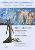 Plakat Ausstellung Gisela Kentmann und Giuliano Ottaviani: Nordlicht trifft Sonenglut. Im oberen Hälfte Titel und quer über das Format laufende Collage aus 2 Bidern, am linken Rand im unteren Drittel der Kopf mit Hut einer freigestellten Bronzefigur von Giuliano Ottaviani, die bis zum unteren Teil des Plakats geht. 