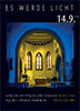 Plakat Tag des Denkmals Stetten, »es werde Licht« – Illumination der Kirche, Motiv Apsis in gelb, Kirchenschiff in Blau